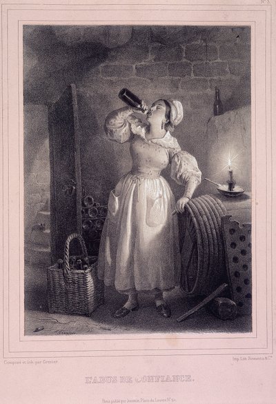 Bizalommal való visszaélés (házi borivás a pincében) - litográfia alkotó: French School