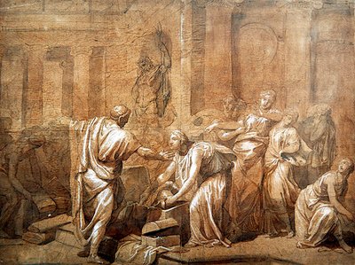 Achilles páncélját a lányok fedezték fel, 1790 körül (toll és tinta szépia mosással a papíron) alkotó: French School