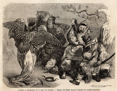 A Mikádó udvarának színészei és táncosai színpadi jelmezben. Aime Humbert, a Svájci Államszövetség miniszterének 1863-1864-es japán útját illusztráló metszete, a "Le tour du monde, nouveau journal des voyages" című, az Ed alkotó: French School