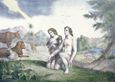 Ádám és Éva az Édenkertben, 19. század vége (színes metszet) alkotó: French School
