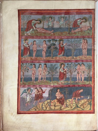 Add.10546 f.5v Ádám és Éva, a Moutier-Grandval Bibliából, megvilágítva a St. Martin Karoling-apátságban, Tours, latin, 834-843 körül (vellum) alkotó: French School