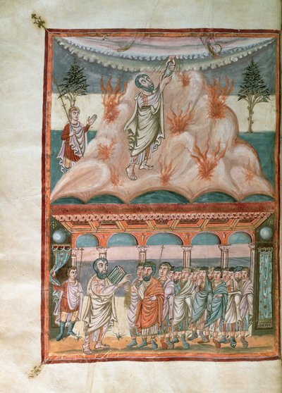 Adja hozzá 10546 f.25b Mózes Isten törvényét a Sínai-hegyen, a Moutier-Grandval Bibliából, megvilágítva a St. Martin Karoling-apátságban, Toursban, 834-843 körül (vellum) alkotó: French School