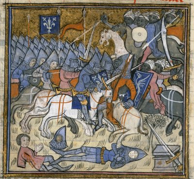 Hozzáadás. 15269, f.124v Szaracénok ellen harcoló keresztes lovagok, illusztráció a "Chroniques de France ou de St Denys"-ből (tinta, szín és arany pergamen) alkotó: French School