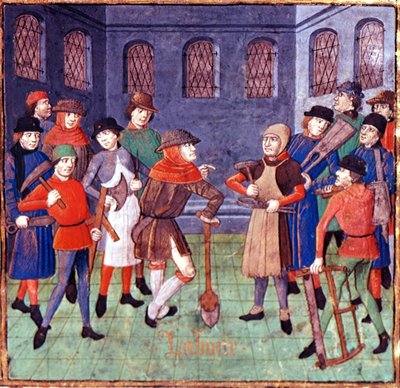 Add hozzá az 18750. fol.3 Munkásokat szerszámokkal, részlet a Berry herceg dedikáló prológusából Giovanni Boccaccio „Des cas des nobles hommes” című művében, Laurent de Premierfait fordítása, 1480 körül (vellum) alkotó: French School