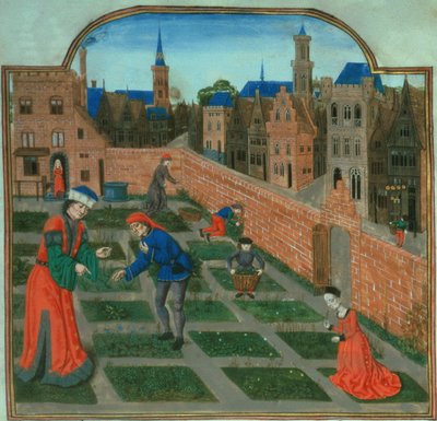 19720 hozzáadása f.165 Fallal körülvett városi kert, Pietro de Crescenzi (1230-1320) „Livre des Profits Ruraux” című művéből (vellum) alkotó: French School