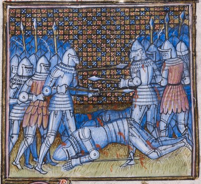 Hozzáadás. 38659 fol.170 Sir John Chandos halála. Középkori csata, megvilágítás Jean Froissart (vellum) „Chroniques de France et D