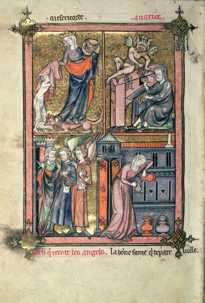 Add hozzá 54180 f.136b Irgalmasság és kapzsiság, Lót és az angyalok; az Özvegy és olaja, Frere Laurent „La Somme le Roy” című művéből, Maitre Honore (vellum) megvilágításával alkotó: French School