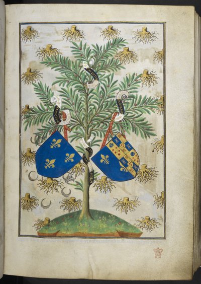 Adja hozzá az Ms 18850 f.15r fegyverzeti oldalt a Book of Hours (The Bedford Hours) c.1410-30-ból (tinta, szín és arany pergamen) alkotó: French School