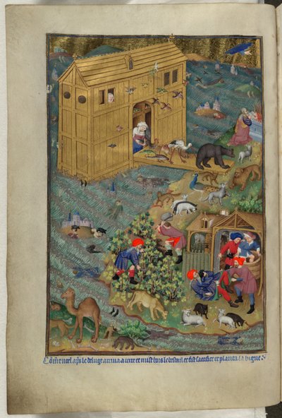 Add hozzá Ms 18850 f.16v, The Exit from the Ark, from Book of Hours (The Bedford Hours) c.1410-30 (tinta, szín és arany pergamen) alkotó: French School