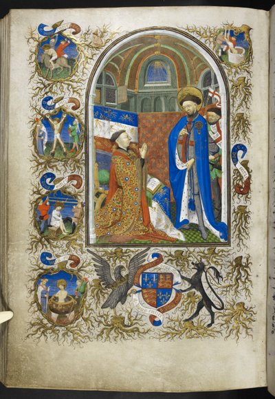 Add hozzá Ms 18850 f.256v, Duke of Bedford before St George, Book of Hours (The Bedford Hours) c.1410-30 (tinta, szín és arany pergamen) alkotó: French School