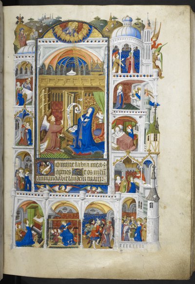 Add hozzá Ms 18850 f.32r, The Annunciation, Book of Hours (The Bedford Hours) c.1410-30 (tinta, szín és arany pergamen) alkotó: French School