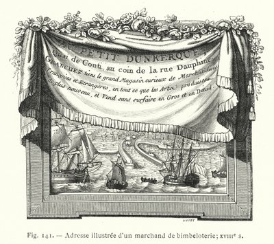 Egy csecsebecse-kereskedő illusztrált címe; 18. század (metszet) alkotó: French School