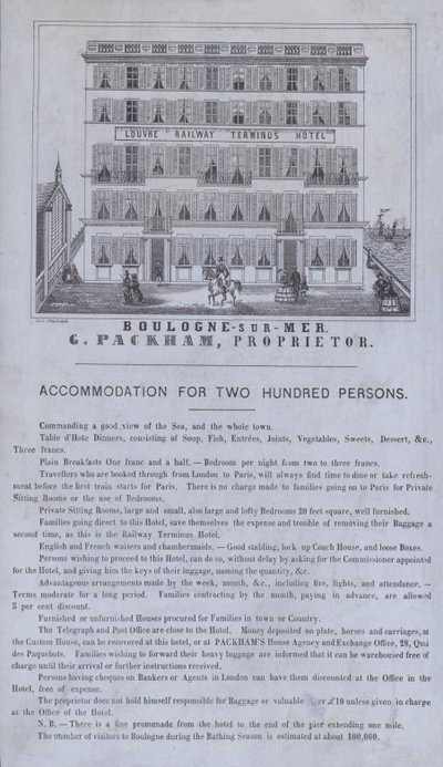 A Louvre Railway Terminus Hotel hirdetése, Boulogne-sur-Mer, Franciaország (litho) alkotó: French School