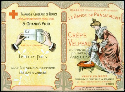 "" A Velpeau Crepe Dressing Band eltávolítja a visszeres harisnyát" reklámkártyája. SD. 19. század. alkotó: French School