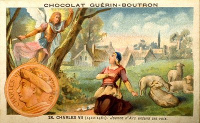 Csokoládék reklámkromolitográfiája Guerin Boutron, VII. Károly király 1422-től 1461-ig. Joan of Arc hangokat hall (kromolitográfia) alkotó: French School