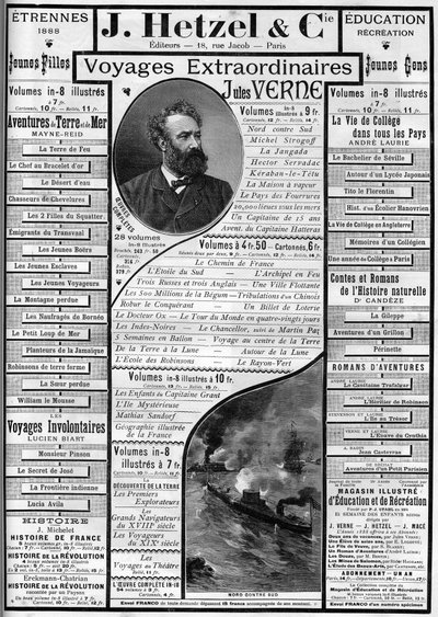 Jules Verne regényeinek reklámozása az 1887-es év végéhez közeledve, szerkesztő J. Hetzel. alkotó: French School