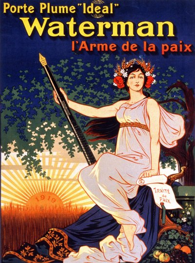 Reklámplakát az „Ideális Waterman Fountain Holder, the Weapon of Peace of Peace” (Békeszerződést és Waterman Feathert viselő nő) című filmhez. Litográfia 1919. alkotó: French School