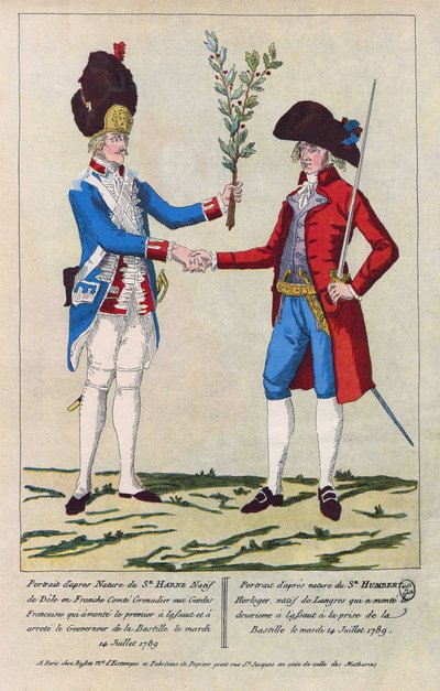 Sieur Harne gránátos és Sieur Humbert órásmester természet utáni portréja. Ők voltak az elsők, akiket a Bastille 1789. július 14-i elfoglalásakor megtámadtak. Metszet 1790-ből. alkotó: French School
