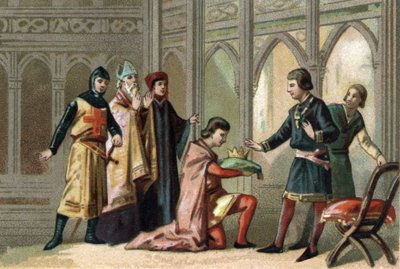 X. Lajos halála után a korona visszakerült öccséhez, Philippe V dit Le Longhoz (1294-1322). A jeleneten a három feodális rend vesz részt. Kromolitográfia 1890 körül. alkotó: French School