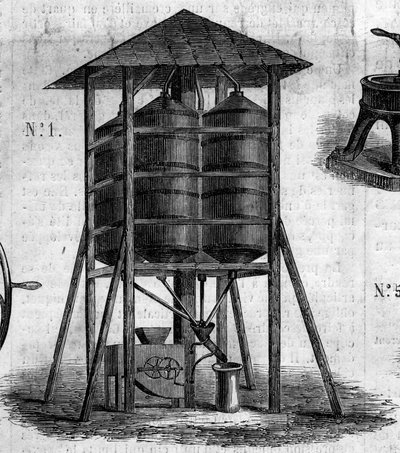 Mezőgazdasági gép: konzervatív padlás búza számára, amelyet az 1860-as párizsi mezőgazdasági kiállításon mutattak be. Metszet a „” Le Monde Illustré”” 168. számában, június 30 alkotó: French School