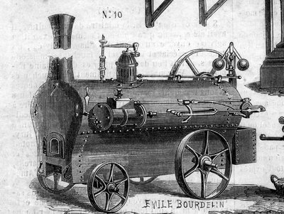 Mezőgazdasági gép: mozdony, amelyet a párizsi mezőgazdasági versenyen mutattak be 1860-ban. Metszet az 1860. július 7-i „” Le Monde Illustré”” 169. sz. alkotó: French School