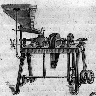 Mezőgazdasági gép: egy kis malom az 1860-as párizsi mezőgazdasági kiállításon. Metszet a „” Le Monde Illustré”” 168. számban, 1860. június 30. alkotó: French School