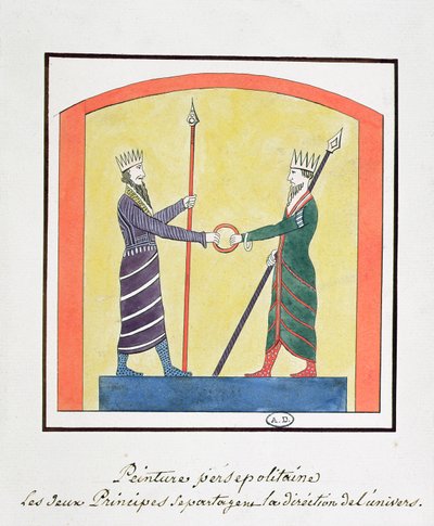 Ahura Mazda és Angra Mainyu vitába száll a világgal, egy perszepolisi fríz másolata alkotó: French School