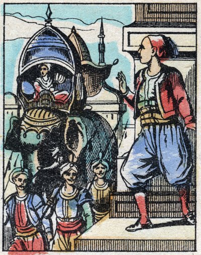 Aladin beleszeret a szultán lányába. Ezeregyéjszaka meséjének metszete „” Aladin és a csodálatos lámpa””. Epinális képalkotás, 19. század vége. Magángyűjtemény. alkotó: French School