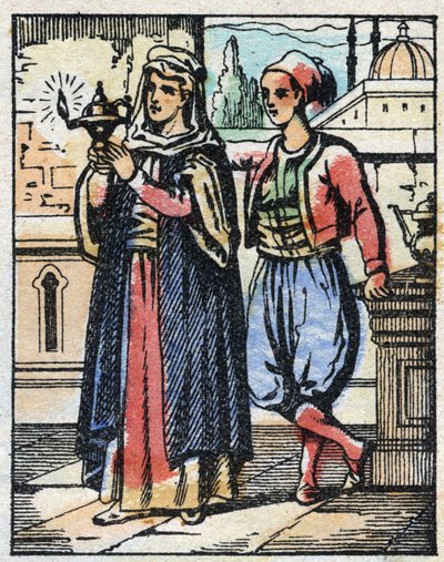 Aladin az anyjának viseli a varázslámpát. Ezeregyéjszaka meséjének metszete „” Aladin és a csodálatos lámpa””. Epinális képalkotás, 19. század vége. Magángyűjtemény. alkotó: French School
