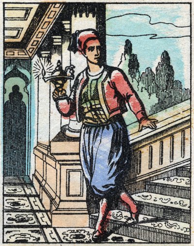 Aladin a varázslámpával már nem találja az utat. Ezeregyéjszaka meséjének metszete „” Aladin és a csodálatos lámpa””. Epinális képalkotás, 19. század vége. Magángyűjtemény. alkotó: French School