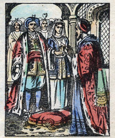 Aladin esküvője a szultán lányával. Ezeregyéjszaka meséjének metszete „” Aladin és a csodálatos lámpa””. Epinális képalkotás, 19. század vége. Magángyűjtemény. alkotó: French School