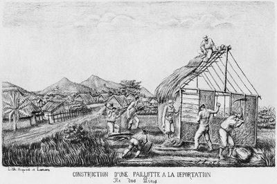 Album of the Isle of Pines, szalmakunyhó építése a deportáltak által, 1878-79 alkotó: French School