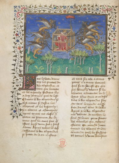 Sándor griffes repülőgépe, 1420-25 körül (színes pergamenre) alkotó: French School