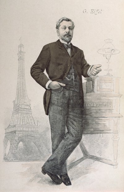 Alexandre Gustave Eiffel íróasztala mellett pózol a Tour Eiffel rajzával, a La Revue Illustree illusztrációja, 1888 alkotó: French School