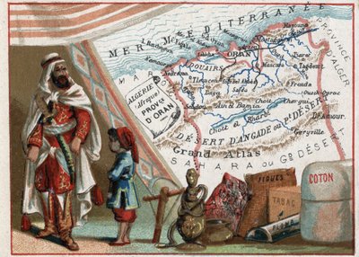 Algéria Afrikában és Oran tartomány, Franciaország. Sorozat a francia minisztériumokról. Füge, pamut, dohány, agathe és ólom importja. Kromolitográfia (Chromo) „” a földrajzi szál””, 1920 körül. Magángyűjtemény. alkotó: French School