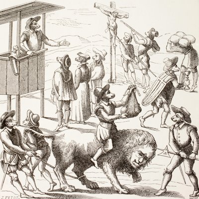 A hugenották által elkövetett túlzások allegorikus képe Paul Lacroix „Katonai és vallási élet a középkorban” című művéből, London, 1880 körül. alkotó: French School
