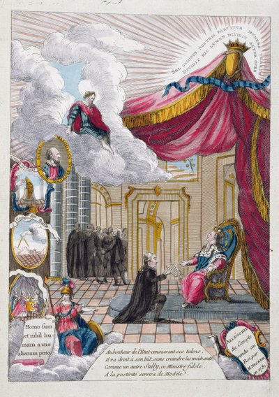 Jacques Necker (1732-1804) XVI. Lajosnak (1754-93) adott jelentés allegóriája 1781-ben (színes metszet) alkotó: French School