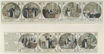 Ábécés alapozó, amely a Szeretetnővérek munkáját ábrázolja, tizenkilencedik század eleje (színes metszet) alkotó: French School