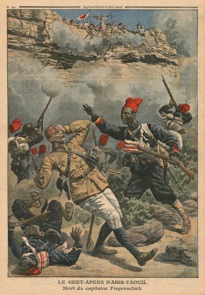 Lesben az Abir-Taouilban, Fiegenschuh kapitány halála, illusztráció a „Le Petit Journal”-ból, mellékelt illusztráció, 1910. március 6. alkotó: French School