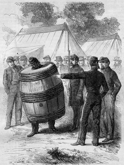 Amerikai polgárháború (1861-1865): a Confedere hadsereg részeg katonájának megbüntetése. Hordószúrót visel, és más katonák mulatságos tekintete alatt sétál át a táboron. Metszet a „” Le Monde Illustré”” 276. számában, 1862. július 26. alkotó: French School
