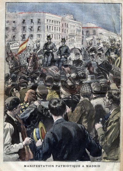Amerikai spanyol háború (vagy 1898-as pusztulás) - hazafias tüntetés Madridban 1898-ban Mary Christine spanyol királynő (1858-1929) jelenlétében - 1898-as „La petite Gironde” metszet alkotó: French School