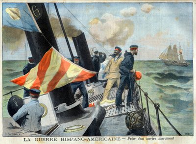 American Hispano War (vagy Desastre of 98) - A spanyol-amerikai háború: egy kereskedelmi hajó elfogása. A spanyol-amerikai háború – Kereskedelmi hajó átvétele. Illusztráció a Le petit Journal számára alkotó: French School