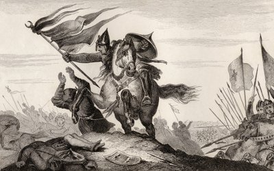 Egy 8. századi francia lovag csatában, Colart "Histoire de France" című művéből, amely 1840 körül jelent meg (metszet). alkotó: French School