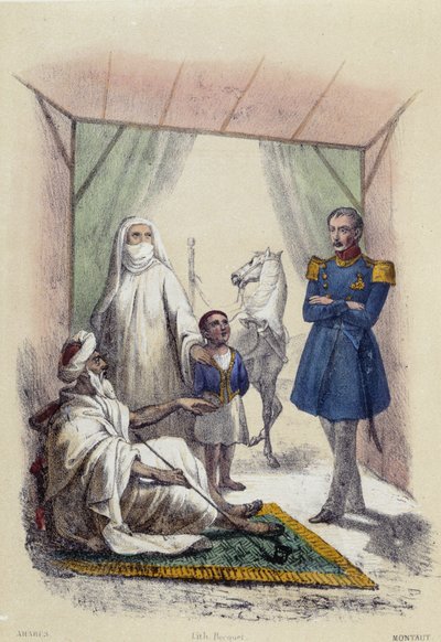Egy arab családot meglátogat egy katona; illusztráció az arab országok számára, M. E. Fouinet „The twelve Nations” című könyvében alkotó: French School