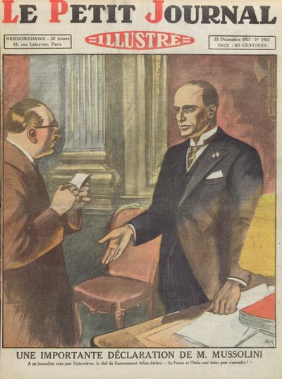 Benito Mussolini (1883-1945) fontos nyilatkozata a Le Petit Journalból, 1927. december 25. alkotó: French School