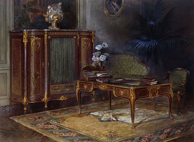 Belső, XV. Lajos stílusú, Ormolu-ra szerelt és parkettázott irodalappal és bibliotékával 43,4 cm, alkotó: French School