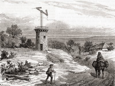 Légi távíróállomás a 18. században, a Les Merveilles de la Science-től, 1870 körül megjelent (metszet) alkotó: French School