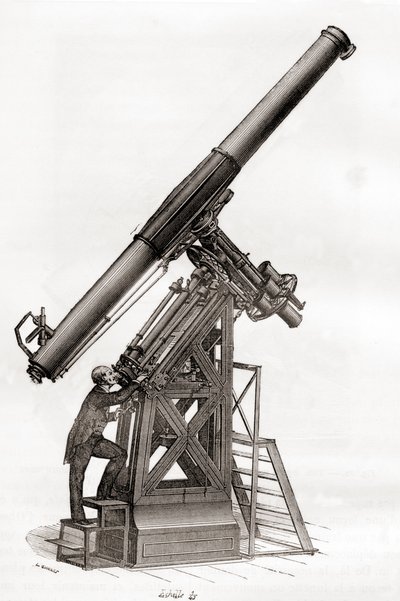 Egyenlítői távcső a Párizsi Obszervatóriumban, Franciaország a 19. században, a Les Merveilles de la Science-ből, 1870 körül megjelent (metszet) alkotó: French School