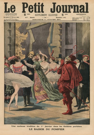 Különös hagyomány január 1-jéről a párizsi színházakban, a „Fireman Kiss”, a „Le Petit Journal” címlapi illusztrációja, mellékillusztráció, 1914. január 4. alkotó: French School