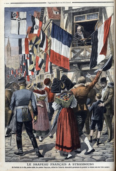 Egy idős francia katona a németek által megszállt Strasbourgban kitűzheti a francia zászlót – „Le Petit Journal” 1908. szeptember 20. (metszet) alkotó: French School
